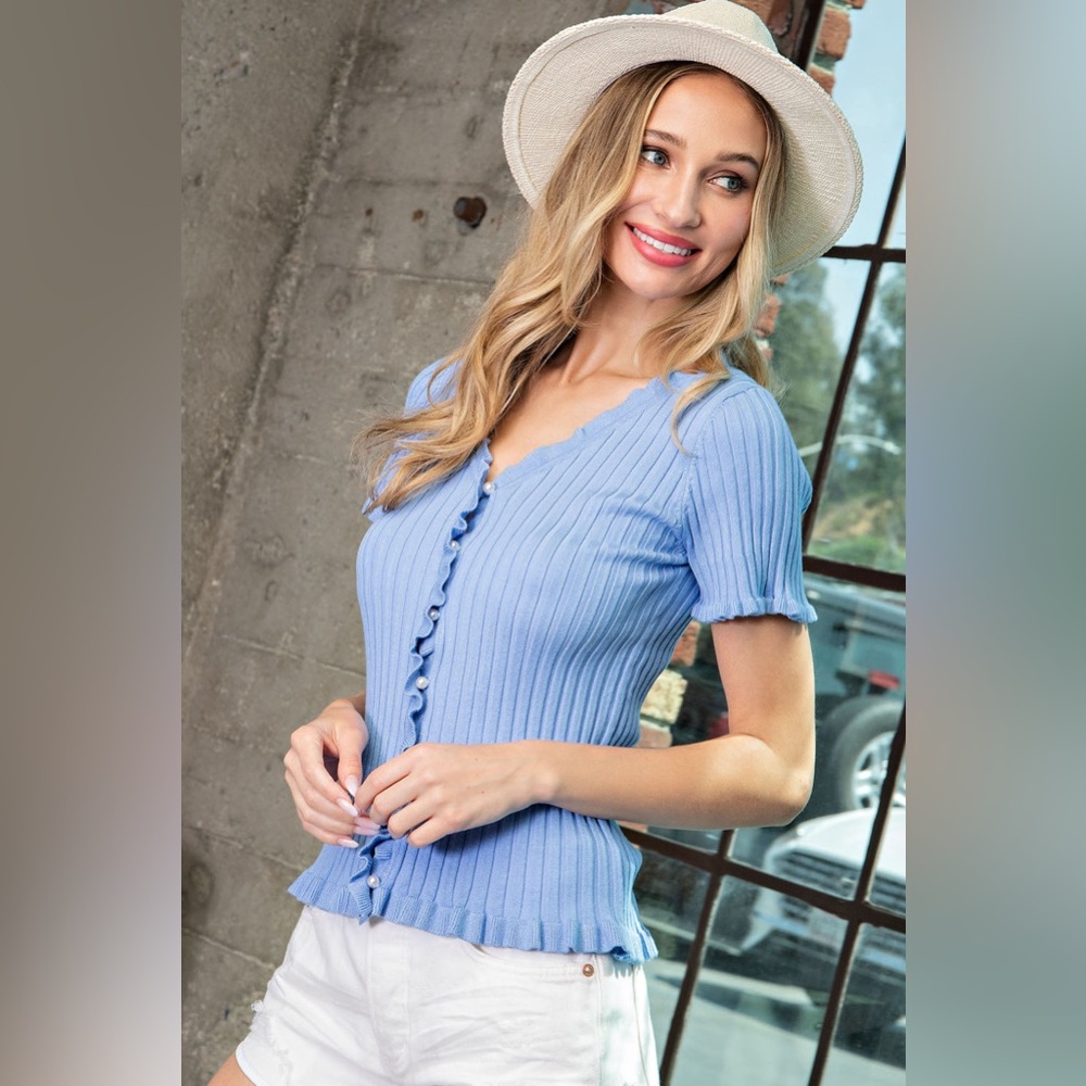 Lettuce Trim Ribbed Pearl Button Down Blouse - eesome